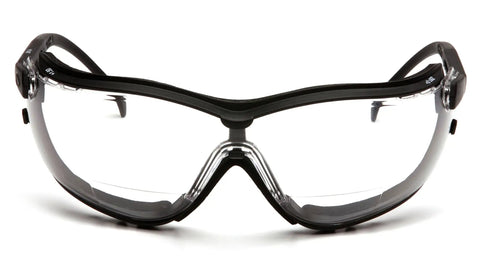 Front view of V2G Readers Eyewear With Clear Anti Fog Lens Plus 2.5 Diopter, Black Frame And Strap, Vented Headband And Temples.