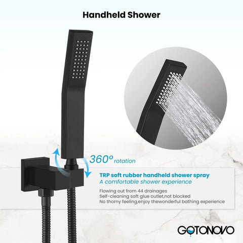 Rainfall Shower System 10 Inch Wall Mounted Matte Black High Pressure Square Shower Head And Pressure Balance Handheld Head