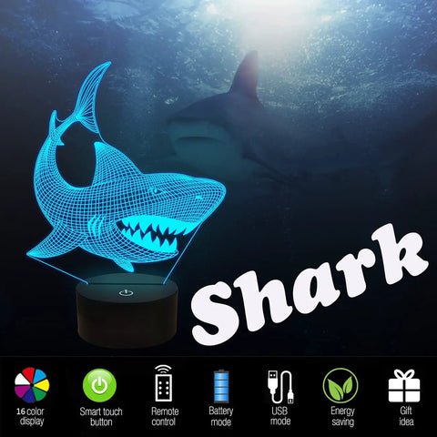 Shark 3D Illusion Night Light With Touch Control And Remote 16 Color USB LED Desk Lamp Kid Friendly Room Decor