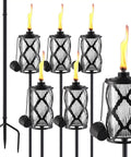 Six Pack Glass Citronella Torches For Outdoor Use 16 Oz Fuel 55 Inch Clear Glass Torches With 3 Prong Grounded Stakes