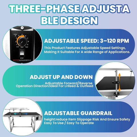 Three-phase design for 55 By 22 Inches Motorized Belt Conveyor Table, adjustable speed and guardrails for inkjet coding machines.