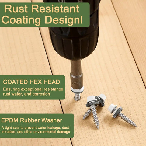White Metal Roofing Screws Kit with 150 pcs 10x1 inch galvanized hex head self tapping screws with EPDM washer shown with drill bit