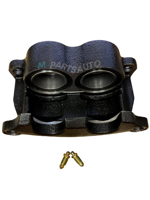 Front view of M-parts Disc Brake Caliper for Dexter 10K/12K; black cast-iron with two bleeder screws