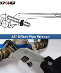 Heavy Duty 18 Inch Offset Pipe Wrench With 45 Degree Angled End For Tight Plumber Jobs Aluminum Lightweight Construction Clamping Up To 60mm Ideal For Close To Wall Piping And Parallel Work in use on pipe