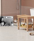 21 Inch Poly Lumber Waterproof Shower Bench With Storage Shelf in bathroom setting, non slip faux teak wood, before and after.