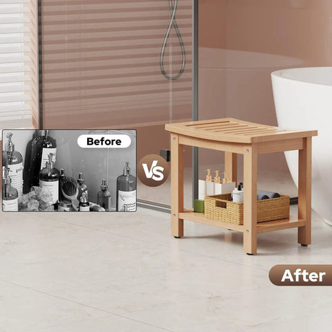 21 Inch Poly Lumber Waterproof Shower Bench With Storage Shelf in bathroom setting, non slip faux teak wood, before and after.