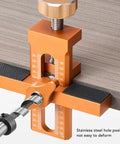 Close-up of Badass Cabinet Door Mounting Jig With Adjustable Aluminum Clamp And Rock Solid Steel Rods For Dead Nuts Hinge Alignment.