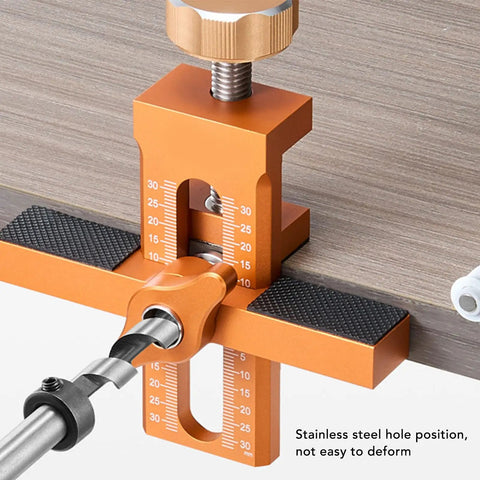 Close-up of Badass Cabinet Door Mounting Jig With Adjustable Aluminum Clamp And Rock Solid Steel Rods For Dead Nuts Hinge Alignment.