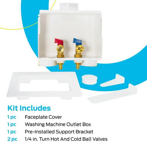 Dual Drain Washing Machine Outlet Box With Push To Connect Brass Fittings, 1/2 Inch Crimp PEX To 3/4 Inch MHT kit components