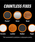 Materials compatible with All Purpose Clear Super Glue With Brush And Precision Nozzle: plastic, metal, wood, ceramic, leather, rubber, paper.
