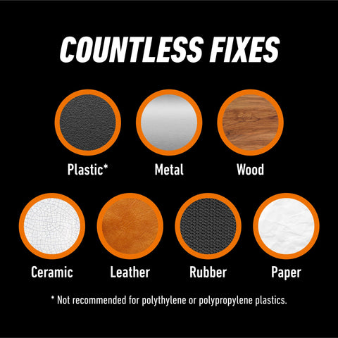 Materials compatible with All Purpose Clear Super Glue With Brush And Precision Nozzle: plastic, metal, wood, ceramic, leather, rubber, paper.