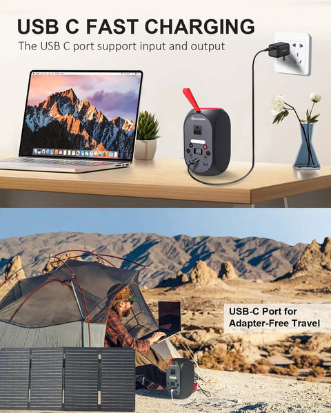 99Wh Portable Power Station With LiFePO4 Battery, 120W Continuous Output charging laptop indoors and supporting camping outdoors.