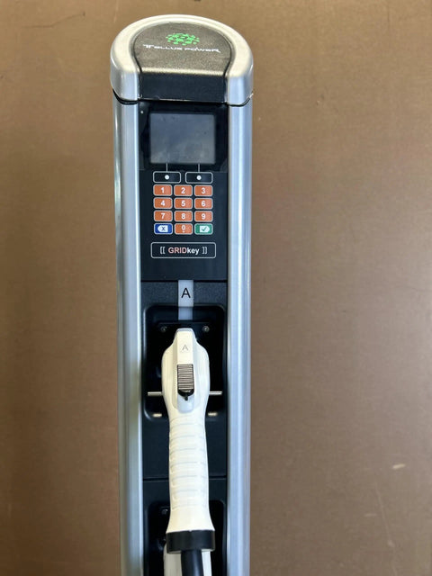 Front view of Dual Port Level 2 EV Charger 240V 30A Plug In For Two Electric Vehicles Fast Home Charging Station No Software Or Warranty