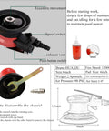 Diagram and components of lightweight 6 inch air orbital sander with low vibration and low center of gravity, pro grade