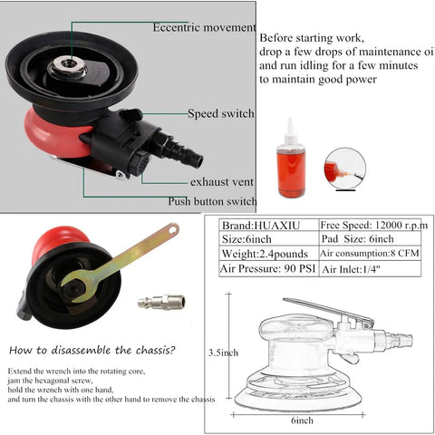 Diagram and components of lightweight 6 inch air orbital sander with low vibration and low center of gravity, pro grade