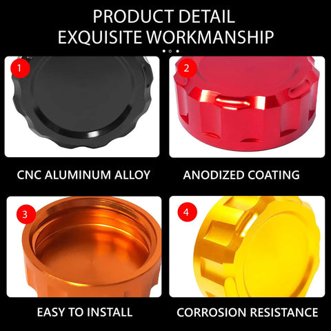 Rear Brake Fluid Reservoir Cap With CNC Aluminum Alloy Body Dope Look Gold Finish Oil Cap Cylinder Cover For Motorcycle Accessories Universal Replacement Fits Yamaha Kawasaki Suzuki Honda, details of design and build materials.