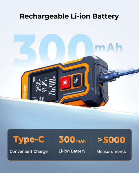 262 Ft Laser Tape Measure For Home DIYers And Real Estate Pros, Fast Accurate Readings Under 0.5s, Switch Between M In Ft And Front Or Rear Reference, Portable Pocket Laser Measuring Tool For Jobsites. orange ABS body with 300mAh rechargeable Li-ion battery and Type-C charging