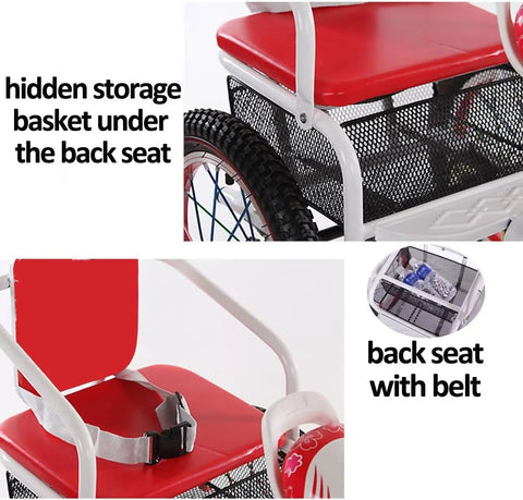 Three Wheel Cruiser Tricycle For Kids Outdoor Fun with back seat belt and hidden storage basket beneath the backseat.