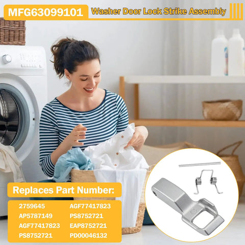 Woman doing laundry with Washer Door Lock Hook And Strike Assembly For LG And Kenmore Washers - Replaces 4026ER4004B, MFG63099101