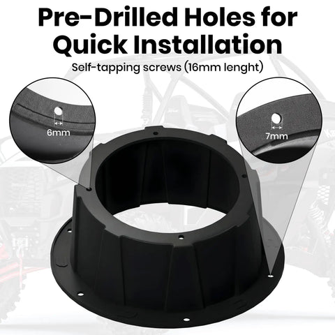 No Sweat Install Angled 6.5 Inch Speaker Pods Two Pack Slick Universal Mount Kit With Pre Drilled Holes And Screws Included Foam Gasket Black, showing pre-drilled holes.