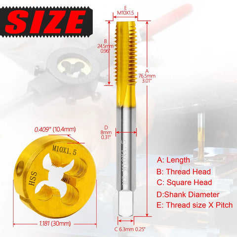 M10 X 1.5 Metric Tap And Die Set Right Hand M2 HSS Machine Thread Tap And Round Die with size annotations