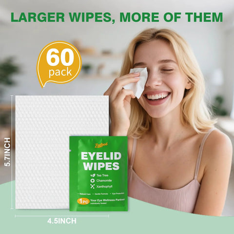 Front view of green 60-pack eyelid wipes package with tea tree and chamomile; white wipe beside it, woman applying wipe