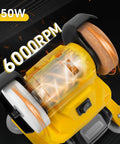 Close-up of Smooth Operator Mini Belt Sander And Precision Polishing Tool showing 250W motor and 6000 RPM for wood and metal crafting.