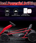 Side view of 24V Dual Motor Ride On Go Kart For Kids With Two 300W Motors 8 MPH Electric Toy Car, black wheels, red frame.