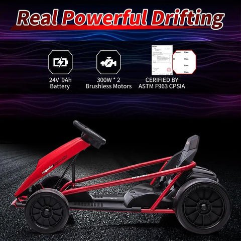 Side view of 24V Dual Motor Ride On Go Kart For Kids With Two 300W Motors 8 MPH Electric Toy Car, black wheels, red frame.
