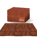 Box and spread of Interlocking Teak Deck Tiles 12x12 Inches Outdoor Flooring That Rocks Weather Resistant UV Protected Anti Slip Patio Pavers Backyard Balcony Pool Area Pack of 10.