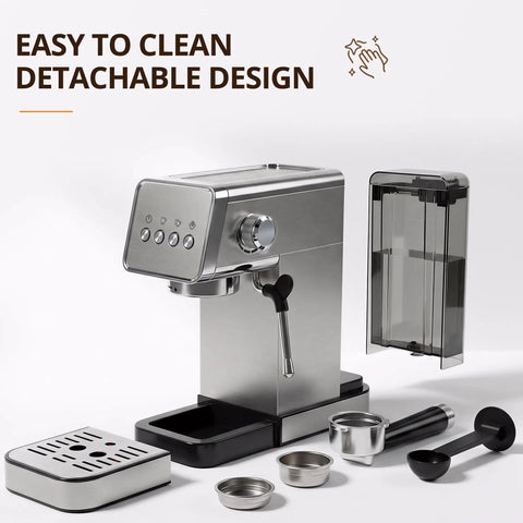 Compact Stainless Steel Espresso Maker With Auto Milk Frother And Steam Wand 20 Bar Pressure Quick Heating Coffee Machine showing parts for easy cleaning.