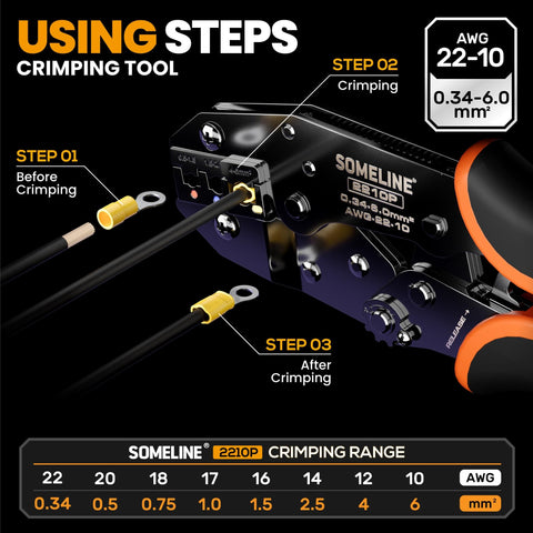 Insulated Wire Terminal Crimp Kit With 45 Types And 315 Pcs, Ratcheting Crimp Tool For AWG 22 10, crimping guide illustration