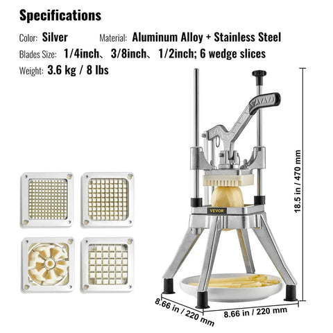 Commercial Vegetable Chopper With Four Replacement Blades, Heavy Duty Stainless Steel Cutter in silver and gray colors