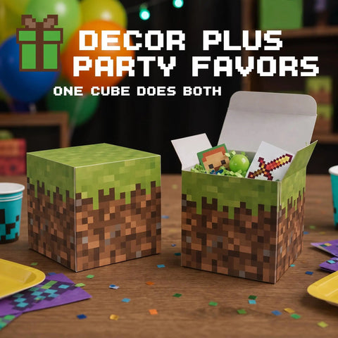 Fire Pixel Art Party Favor Boxes 8 Pack Grass Cubes Containers Sturdy Cardboard Treat Holders For Epic Birthday Bash And Legit Squad Game Night Essentials Today - Open and closed view.