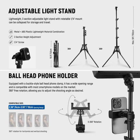Adjustable light stand from Two Pack Bi Color LED Video Lights With 59 Inch Tripod Stands And Phone Holders, 2700K To 6500K Dimmable Studio Lighting At 850 Lux, 10W Power, Perfect For Photography Filming And Live Streaming, BP300 No Adapter displaying ball head phone holder and collapsible sections.