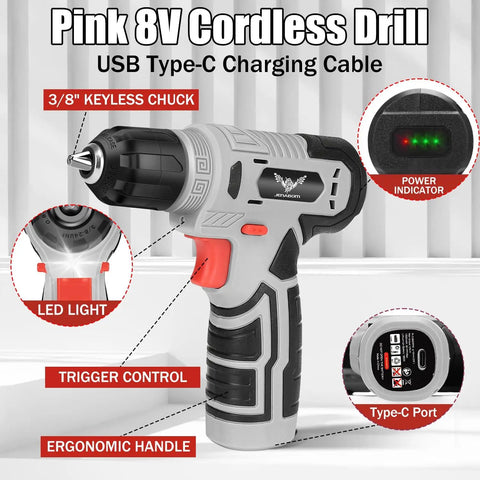 Pink 8V cordless drill with LED light, Type-C charging, ergonomic grip, power indicator, and keyless chuck for DIY projects