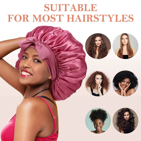 Woman wearing dark pink Silk Sleep Bonnet For Women With Adjustable Straps And Tie Band, large hair wrap suitable for different hairstyles.