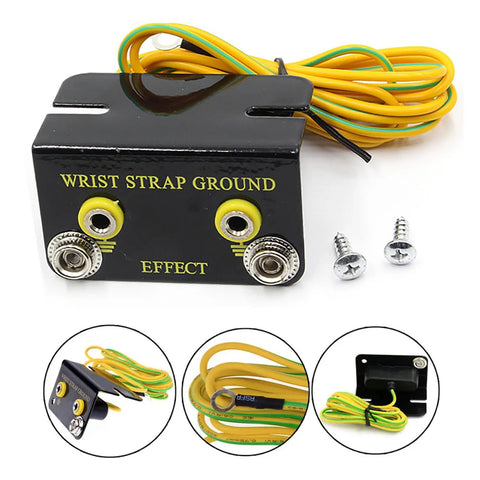 ESD wrist strap grounding kit by Amazon; black box with two yellow jack ports and yellow-green grounding lead (4-pack)