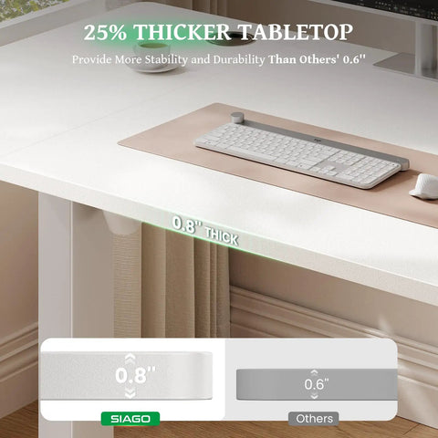 SIAGO 48x24 Inch Electric Standing Desk, 0.8 Inch Thick Tabletop showcasing 0.8" thickness for stability and durability.