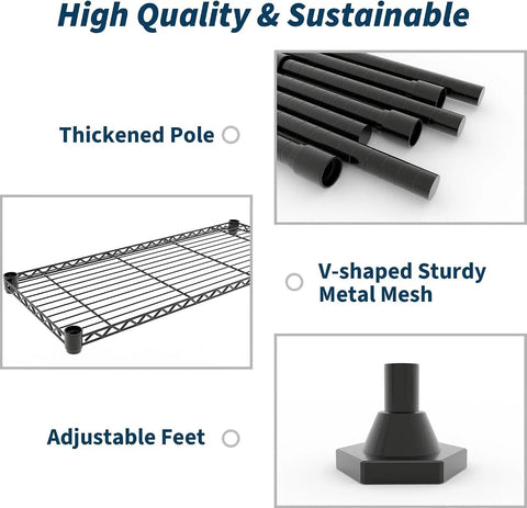 Heavy Duty 5 Tier Metal Storage Rack With Fully Adjustable Wire Shelves For Kitchen Garage Or Warehouse Uses Supports 1325 Pounds Total Rust Resistant Steel Rack Is A Hella Tough Build thickened pole, sturdy metal mesh, adjustable feet details.