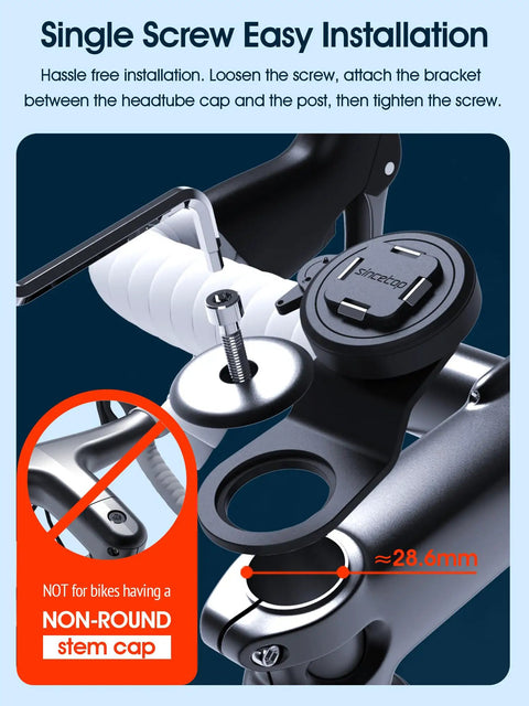 Quad Series Mountain Bike Phone Mount With Quick Lock And Release showing single screw installation on aluminum stem cap.