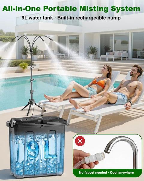 Cordless Portable Misting System With Stand, 9L Tank, 10000mAh Battery, Built In Pump And Timer For Outdoor Cooling By Poolside