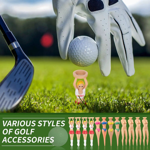 Golf club and ball near 12 Piece Colorful Plastic Golf Tees Set, Funny Bikini Style Tees For Men And Women on grass