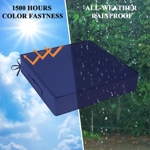 Blue Outdoor Chair Cushions Set Of 2 22x22x4 Waterproof Patio Cushions With Ties And Handle depicted in weather conditions