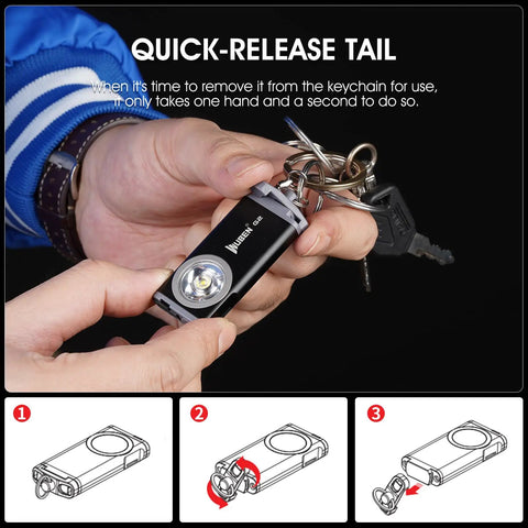 G2 Mini LED Flashlight Keychain with 500 Lumens, shown attached to keys and featuring quick-release tail for easy use