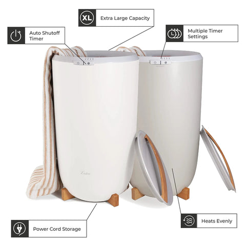 Two white Large Towel Warmer Buckets with Timer Auto Shut Off, 20L capacity, 12 inch diameter by 21 inch tall, fits two oversized towels.