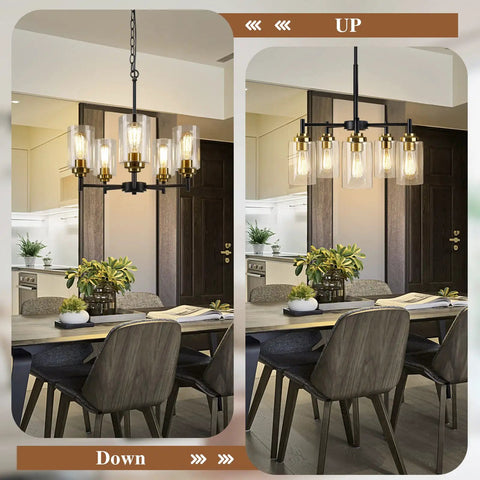 Modern Farmhouse 5 Light Chandelier For Dining Room And Kitchen Island Dope Industrial Black Pendant Lighting With Glass Shades