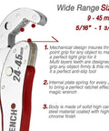 Close-up of Multi Function Auto Adjusting Ratcheting Wrench with wide range size details, showing teeth and red handle.