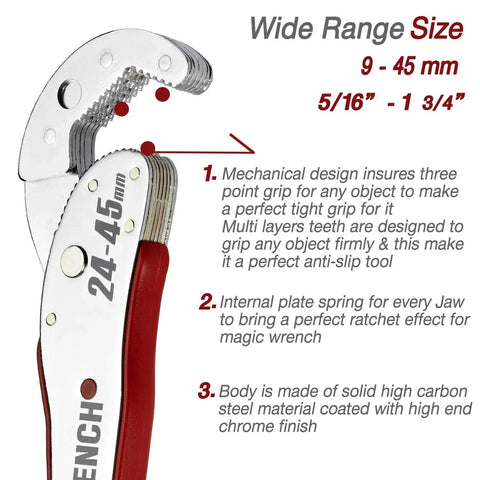 Close-up of Multi Function Auto Adjusting Ratcheting Wrench with wide range size details, showing teeth and red handle.