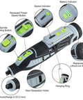 WORKPRO 12V cordless rotary tool kit with green control buttons and 2.3/3.2 mm chuck.